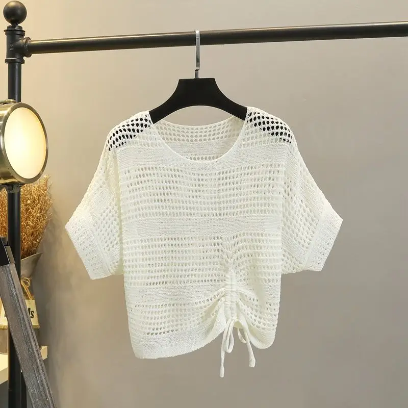 

Women New Thin White Pullover Female Loose Sweater Hollow Out Streetwear Split Knit Short Top Ladies Vintage Jumper Shawl A97