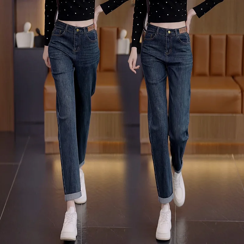 جينز حريم للنساء، سروال كاجوال فضفاض عالي الخصر للربيع والخريف، سروال تنحيف متعدد الاستخدامات وضيق وواسع الساق