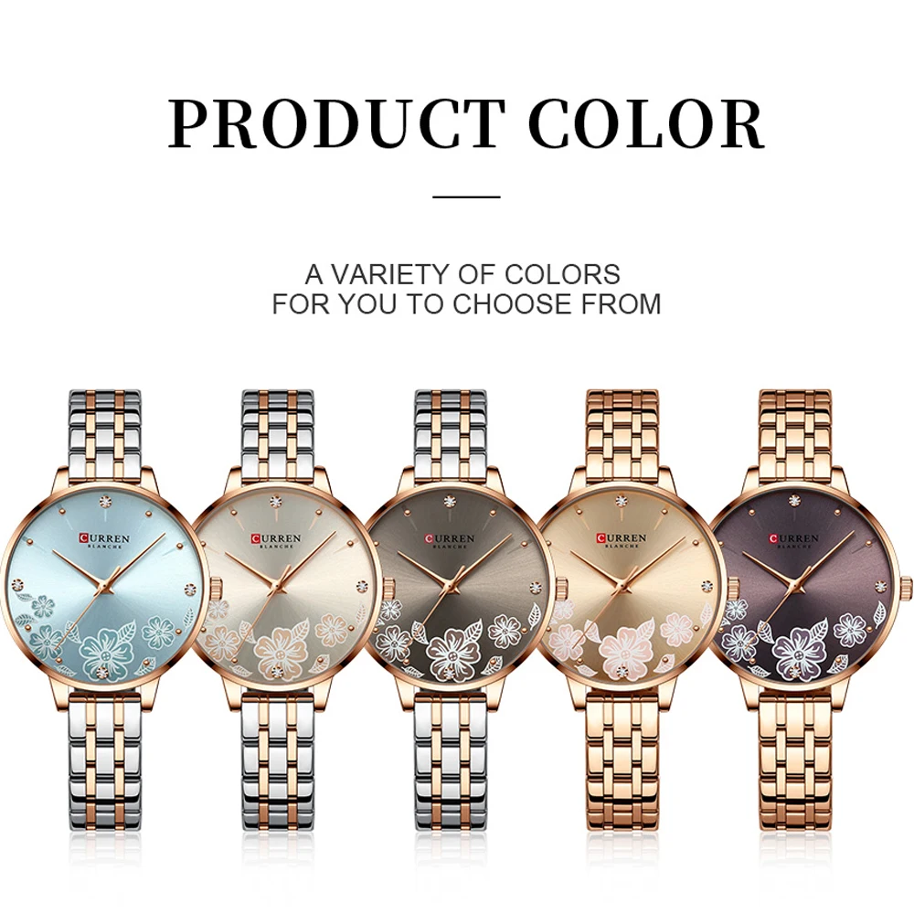 CURREN Fashion Quartz Wristwatches for Women Simple Stainless Steel Watch Bracelet with Flower Design Dial