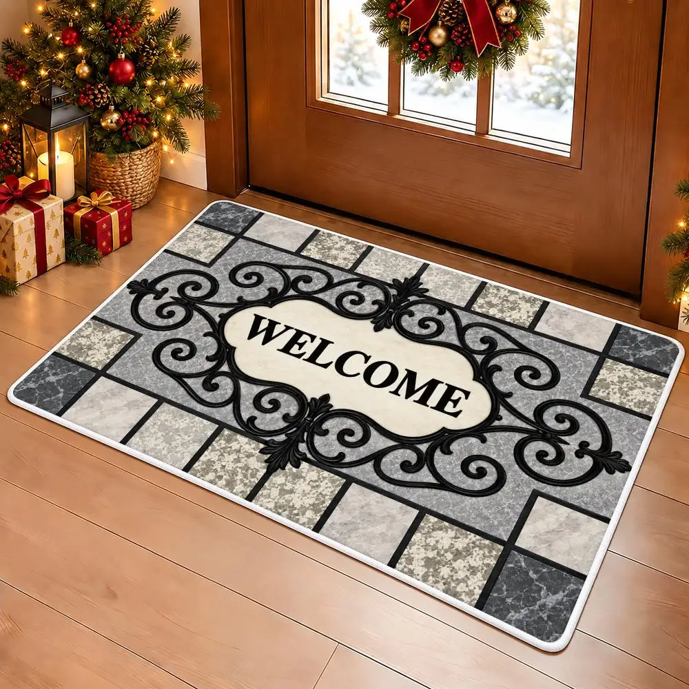 Ornate Tile Welcome Floor Mat Soft Flannel Floor Mat Cloud Feel Non-slip Bath Rug Machine Washable Foam Carpet Door Mat 2