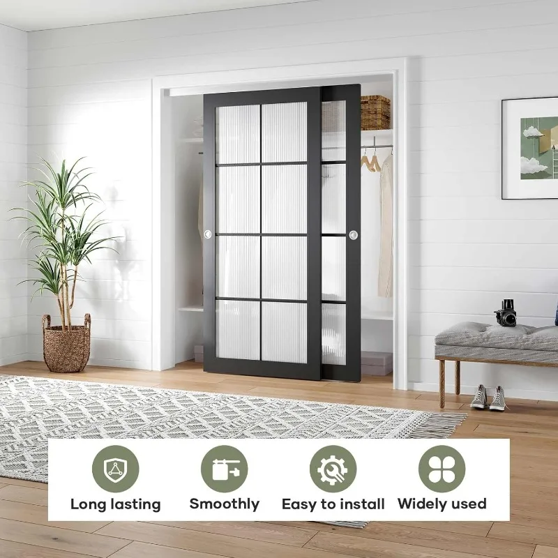 Bypass Double Sliding Pocket Door Hardware Kit, Closet Door Track, For 2 Door Systems, Slides Smoothly and Quietly, No Doors