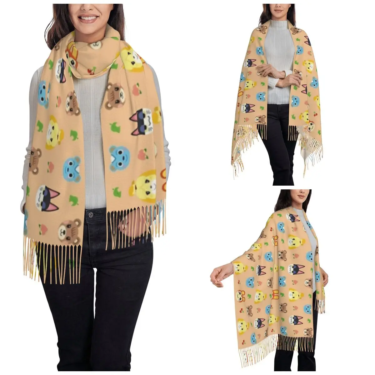 Funny Animals Game Crossing Shawl Wraps for Ladies Warm Long Soft Scarf Cartoon New Horizons Neckerchief Tassel Scarves