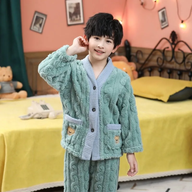

Зимний теплый пижамный комплект из кораллового флиса для мальчиков, утолщенная фланель, уютная домашняя одежда, теплая и комфортная одежда
