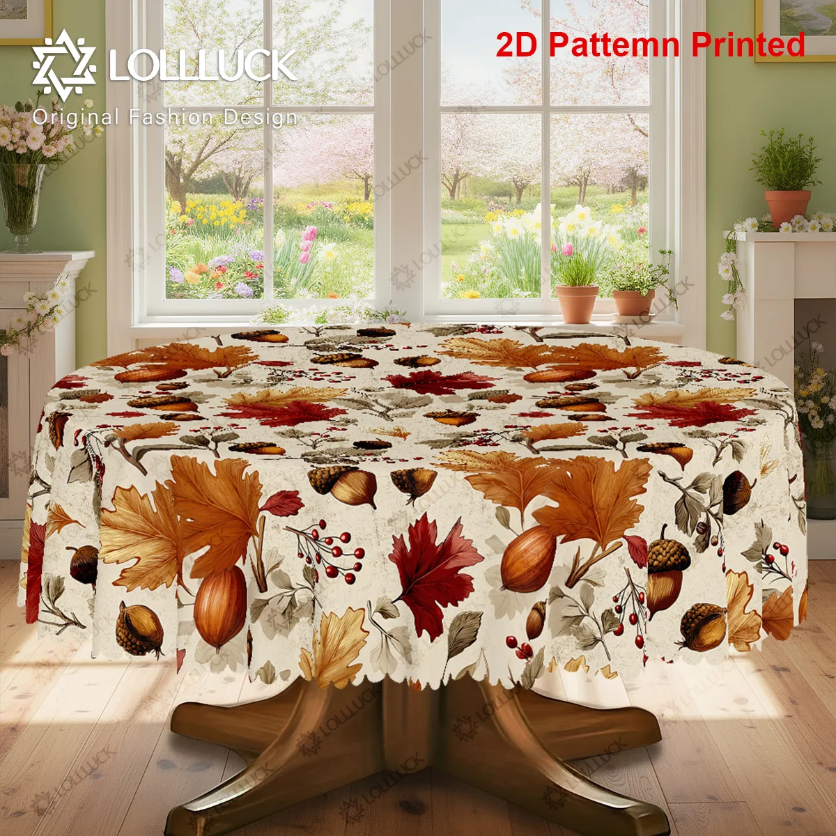 1 piece, a tablecloth with the maple leaf theme, featuring a vintage autumn harvest print of acorns, oak leaves and nuts.kdj