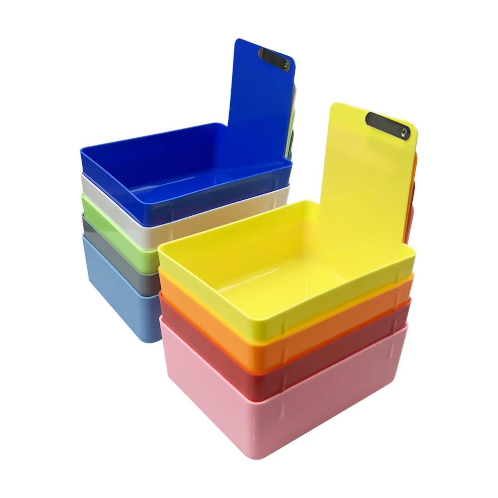 10pcs Colourful Dental Work Lab Pans Neaten Case With Metal Clip Holder ABS Plastic Durable Storage Case Dentistry Turnover Box