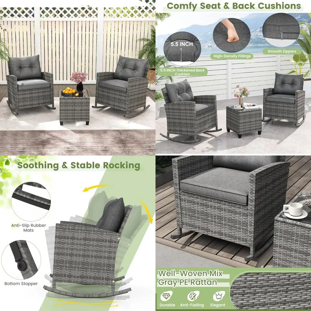 3-Piece Outdoor Wicker Rocking Chair Set with Cushions and Glass Top Coffee Table