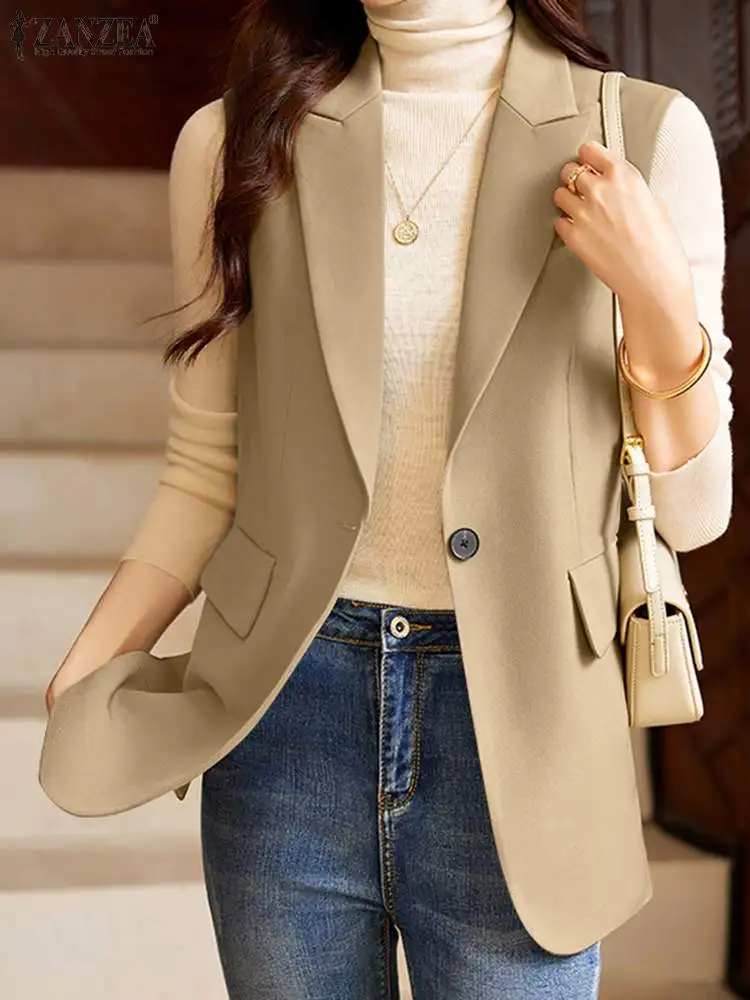 

ZANZEA Summer 2024 Women Blazer Fashion Thin Blazer Sleeveless Buttons Side Casual OL Work Office Thin Jackets Tops Streetwear