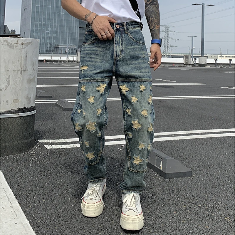 กางเกงยีนส์เดนิมทรงตรงหลวมสไตล์สตรีทแวร์สำหรับผู้ชาย รุ่น Autumn Men's Star Hole Cargo  ทรงขาตรง  ใส่ทำงานได้  สไตล์ Y2K