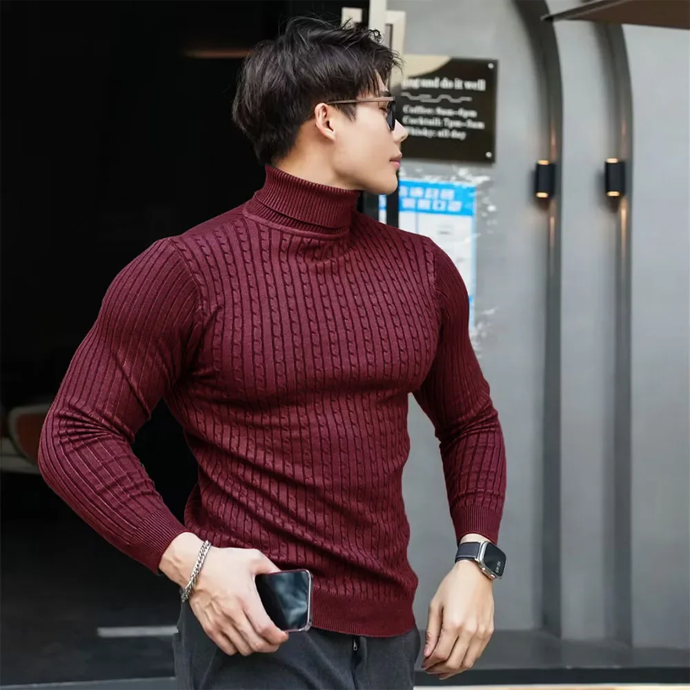 Neue männer Rollkragen Pullover Herbst Gestrickte Gestreifte Streetwear Warme Lange Ärmeln Pullover Einfarbig Grundlegende Stil Casual Tops