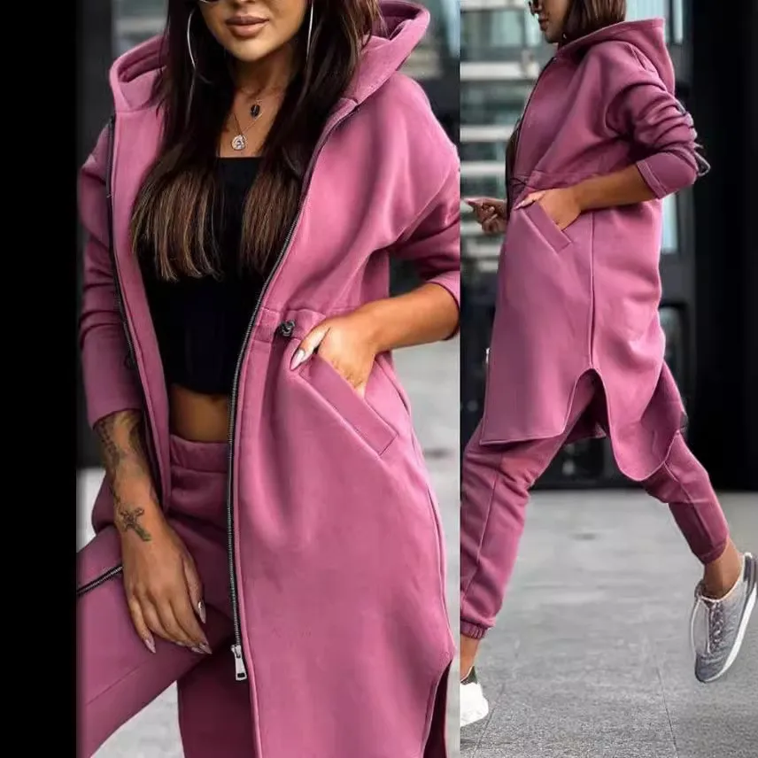 Hooded Casual Set Full Length Japanese Korean Casual with Tracksuit Set Regular Sleeve Long Pants Long Sleeve Autumn for Women