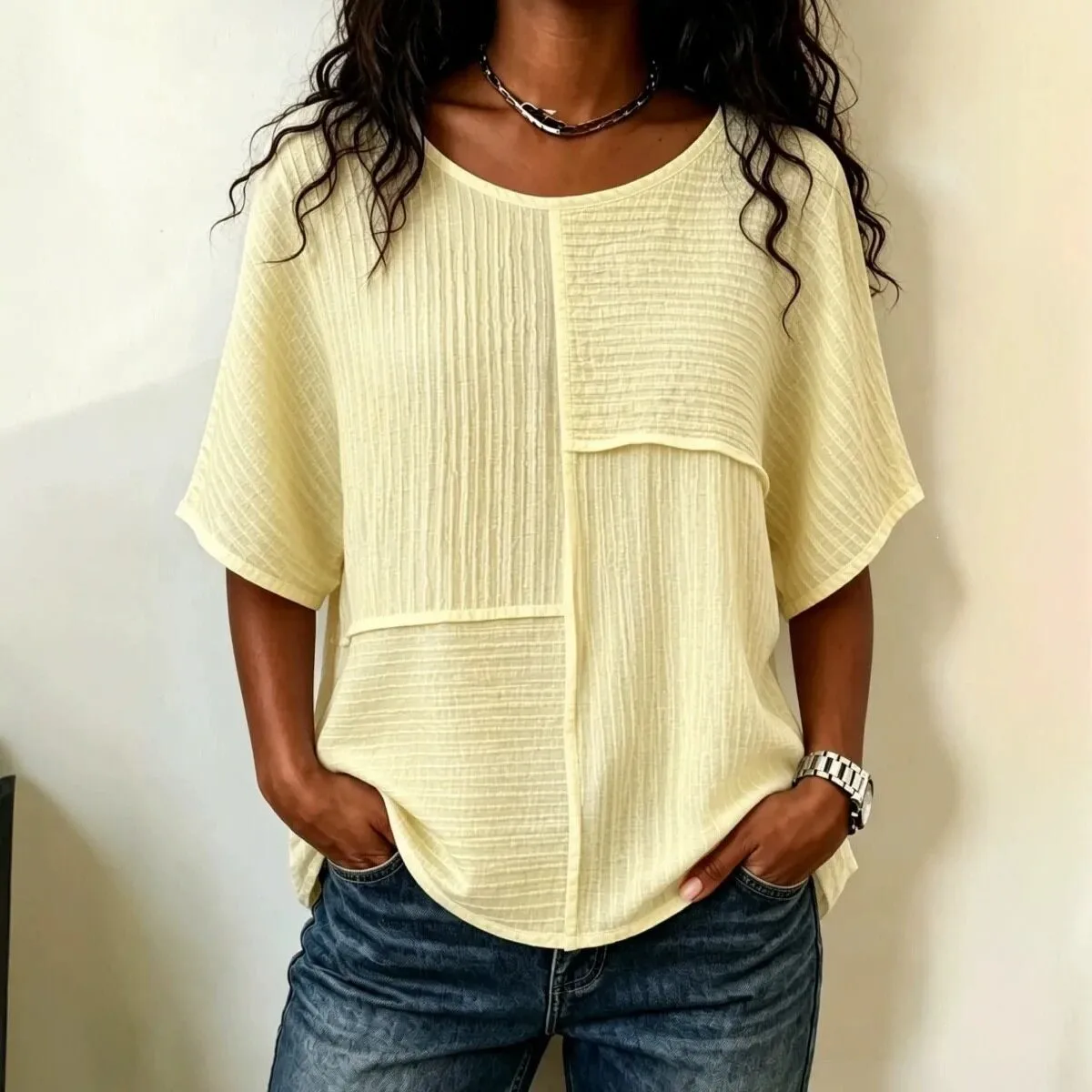 Casual Summer New Checkered Sleeveless T-shirt Women's Loose Fit round Neck Polyester Fabric Splicing Top for Sport