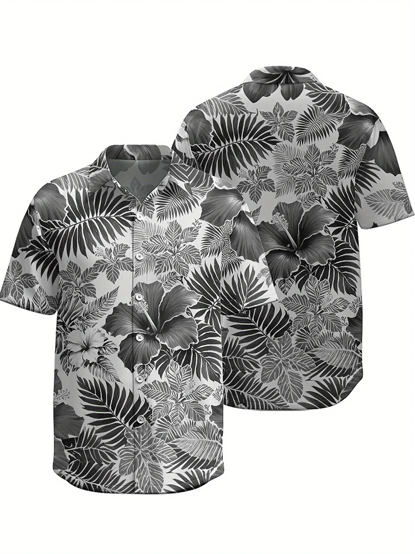 Men's Large Size Hawaiian Shirt - Hibiscus Pattern, Gray 3D Aloha Shirt, Polyester Fabric, Breathable Loose, Casual Summer Tops
