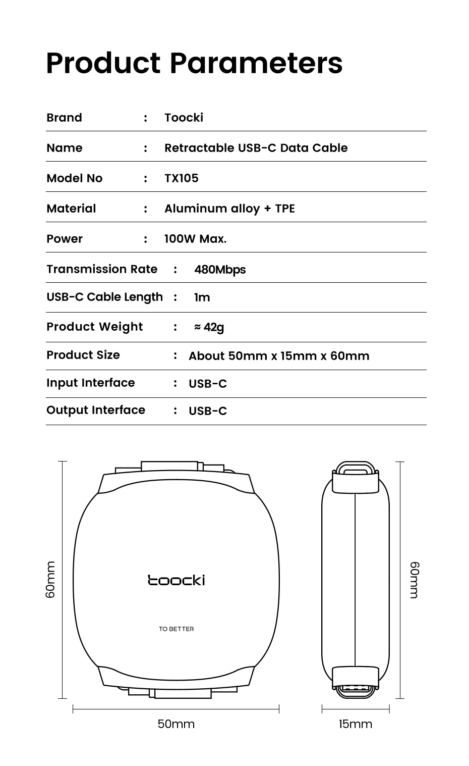 Toocki 5/10 Stück 100W Einziehbares USB-C-Kabel TPE Flach Automatisch Aufrollbar Einstellbares Schnellladekabel Typ C zu C für iPhone Samsung – Detail 15