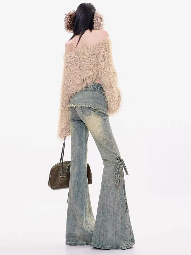 Vintage Wash Flare Jeans Y2k Japanische Streetwear Bow Lace Up Denim Hosen Hohe Taille Slim All Match Cowboy Hosen Neu