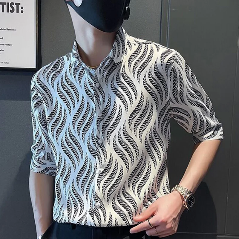 

Fashion Lapel Button All-match Printed Shirts Men's Clothing 2023 Summer New Oversized Casual Tops Half Sleeve Korean Shirt