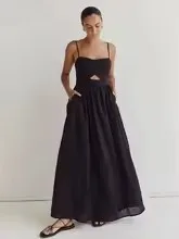 

Sexy Loose Black Cotton Womens Dresses 2025 Summer Strap Sleeveless Ankle Length Dress Elegant Hollow Out Female Dress