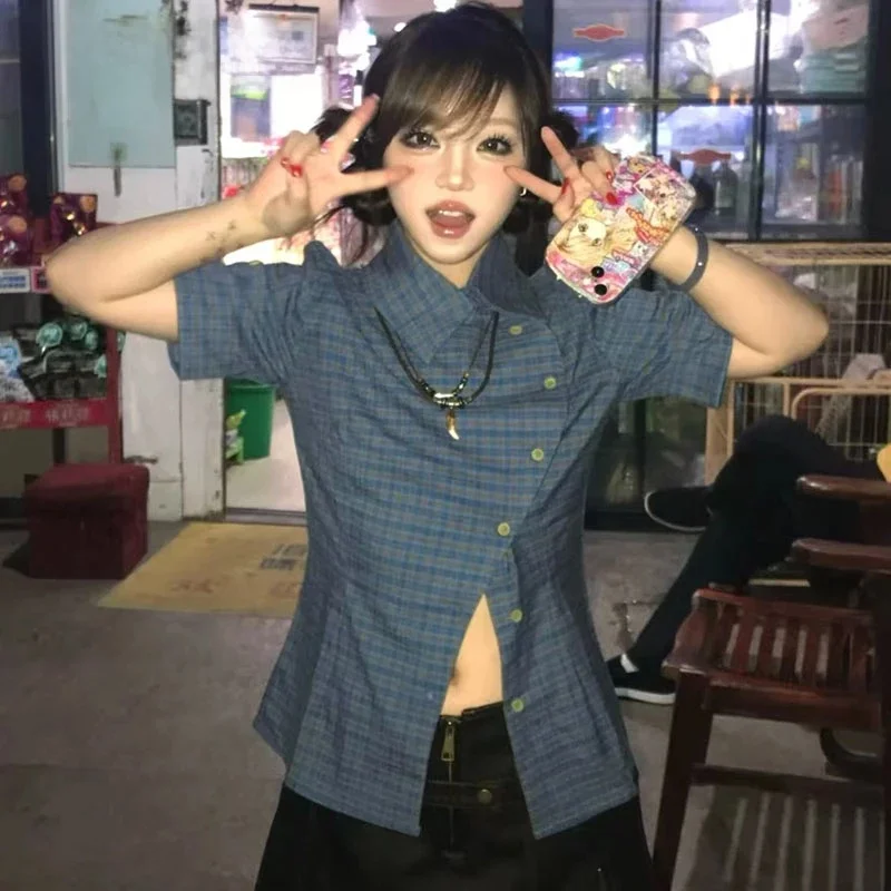 

Blue Plaid Button Up Shirt Women Turn-down Collar Preppy Style Short Sleeve Korean Fashion Summer Tops Vintage Y2k Tees