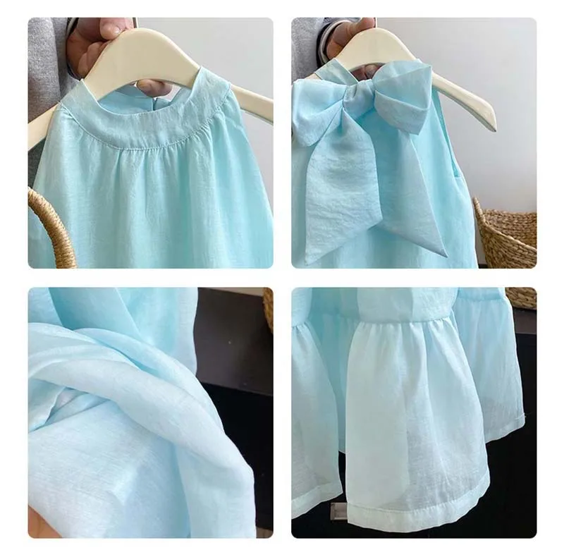 Summer Children Girl Sleeveless Candy Blue A-line Dress Kid Girl\'s Spanish Style Bow A-line Skirt Birthday Party Dresses 9T