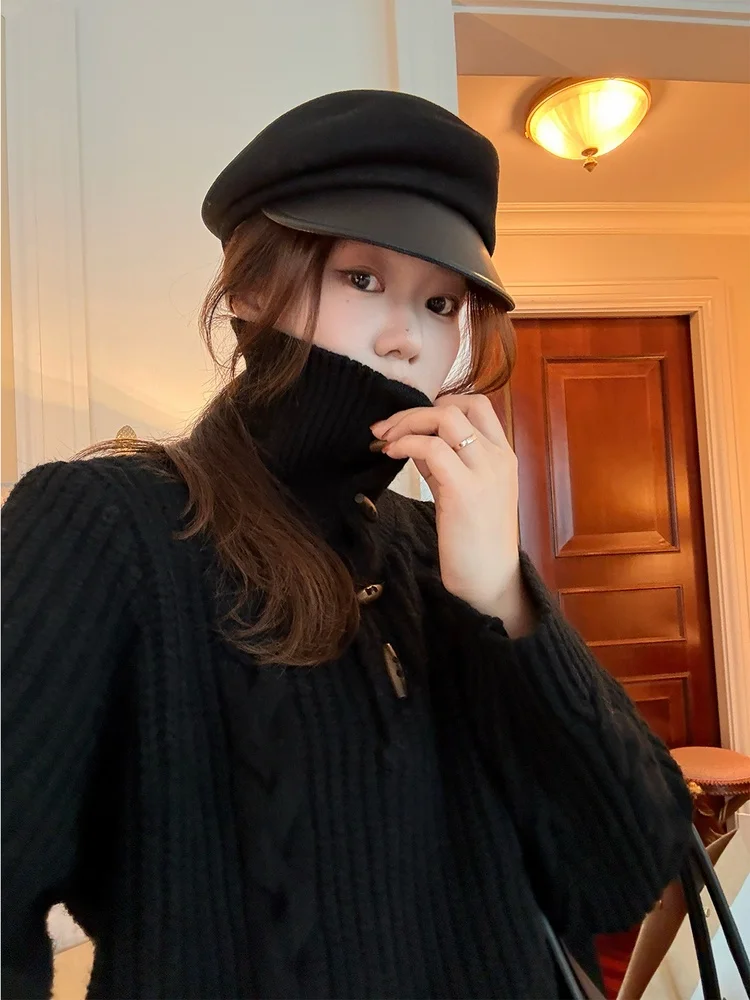 

Женский повседневный вязаный топ больших размеров с высоким воротником и пуговицами, свободного кроя, зимний, модный, китайский бренд