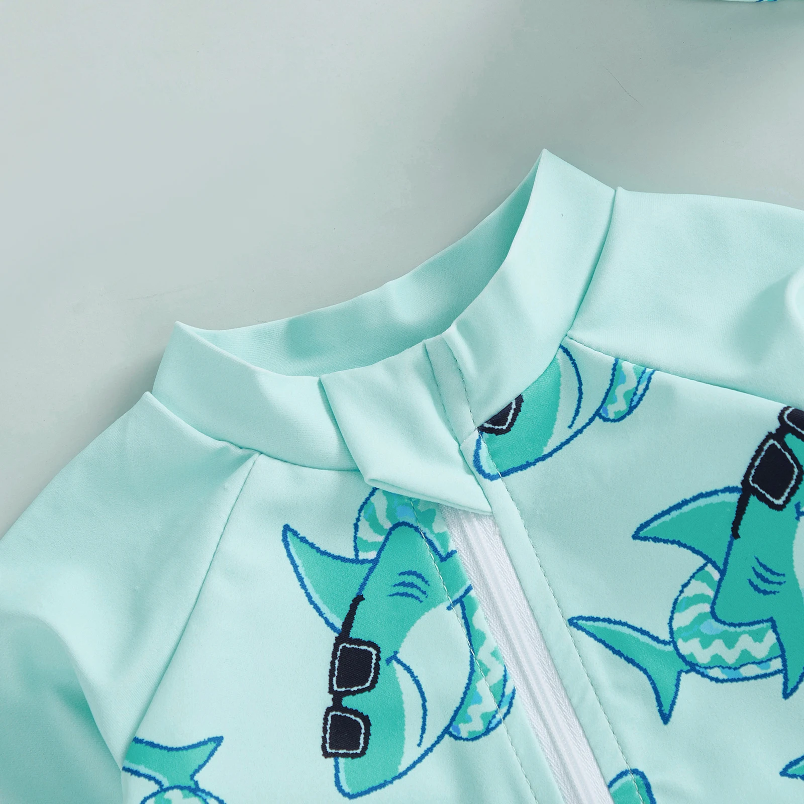 Summer Toddler Kids Baby Boys Rash Guard Swimsuits Shark Print Long Sleeve Zip Up Swimwear Bathing Suits with Sun Cap