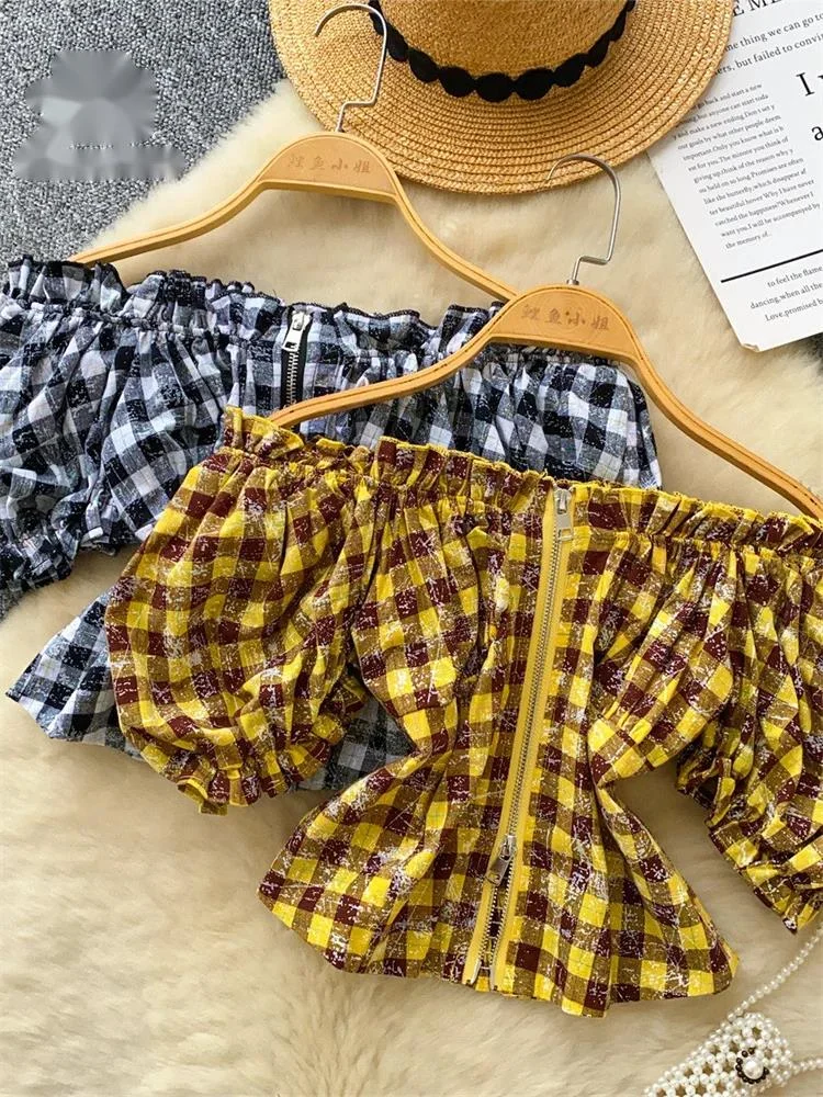 

Retro Gingham Y2K Top Summer Zipper Distressed Puff Sleeve Workwear Shirt Women Off Shoulder Sensual Streetwear Blouse