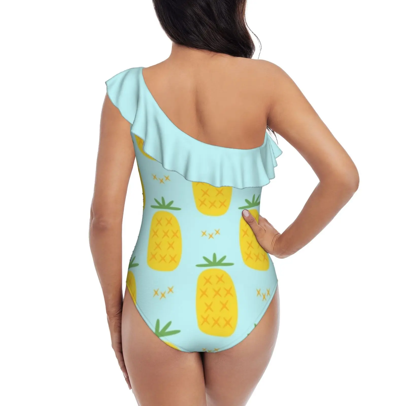 Cute Pineapple Pattern One Shoulder Ruffle Swimsuit Print Swimwear Female One Piece Monokini Bathing Suit Wallpaper Geometric