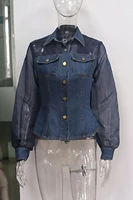 Casual Women's Denim Mesh Puff Sleeve Shirt Blue Jean Button Down Blouse with Pockets Sheer Sleeve Casual Vintage Blouse To 5