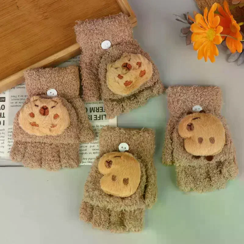 

Плюшевые перчатки с рисунком капибары, детские зимние теплые перчатки с откидной крышкой и полупальцами, утолщенные морозостойкие перчатки для мальчиков и девочек, рождественский подарок