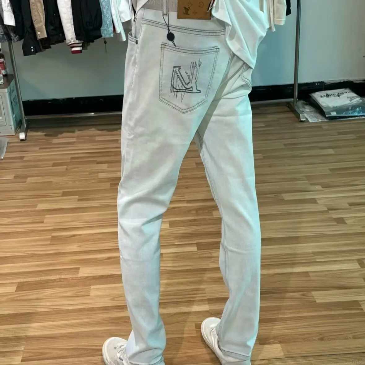 

Trendy Light Blue Jeans Men's Slim Fit Straight Leg Elastic Casual Faion Long Pants Cotton Polyester Blend Four Seasons Wear