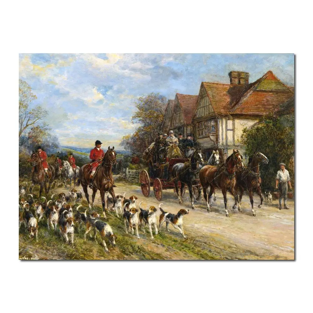 

Handmade Canvas Art Oil Painting Horses Dogs Return from Meet Heywood Hardy Fox Hunting Artwork for Club Office Classical Decor