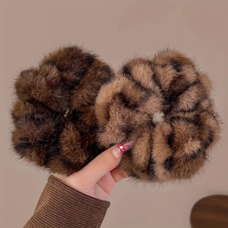 

Retro Plush Leopard Print Large Intestine Headband For Ladies Elegant Temperament Tied Hair Rope Meatball Head Ponytail Headband