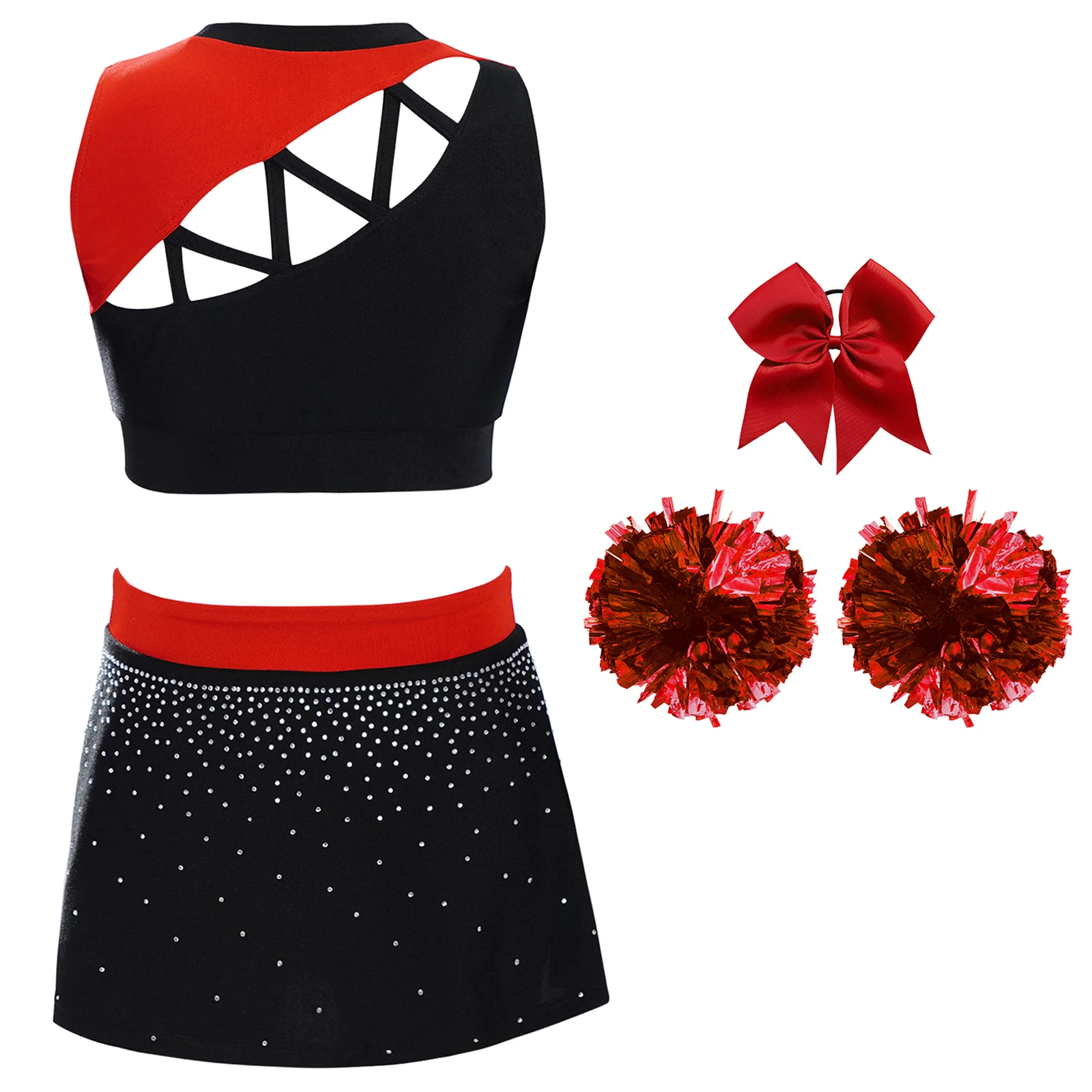 Kids Girls Sleeveless Rhinestones Crop Top+Skirt+Headwear+Flower Balls Cheerleading Outfits Cheer Stage Performance Costume