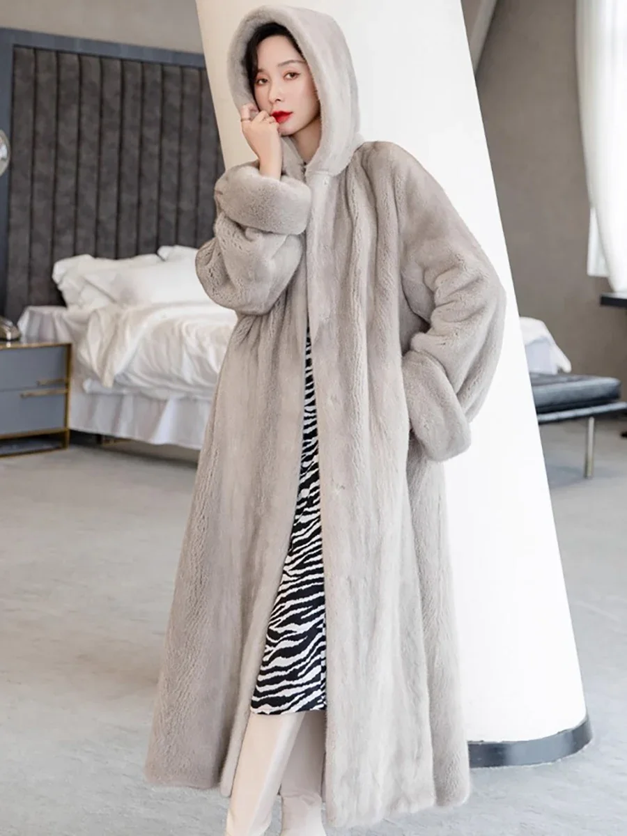 

Autumn Winter Long Luxury Elegant Thick Warm Fluffy Soft Faux Mink Fur Coat Women with Hood Loose Furry Overcoat 2025
