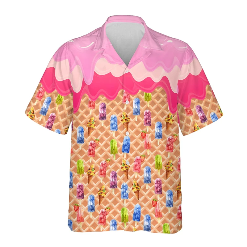 Camisa de playa de helado abstracto para hombres, camisas de paleta de dibujos animados, ropa informal hawaiana, blusa de solapa Unisex, Manga corta para mujer