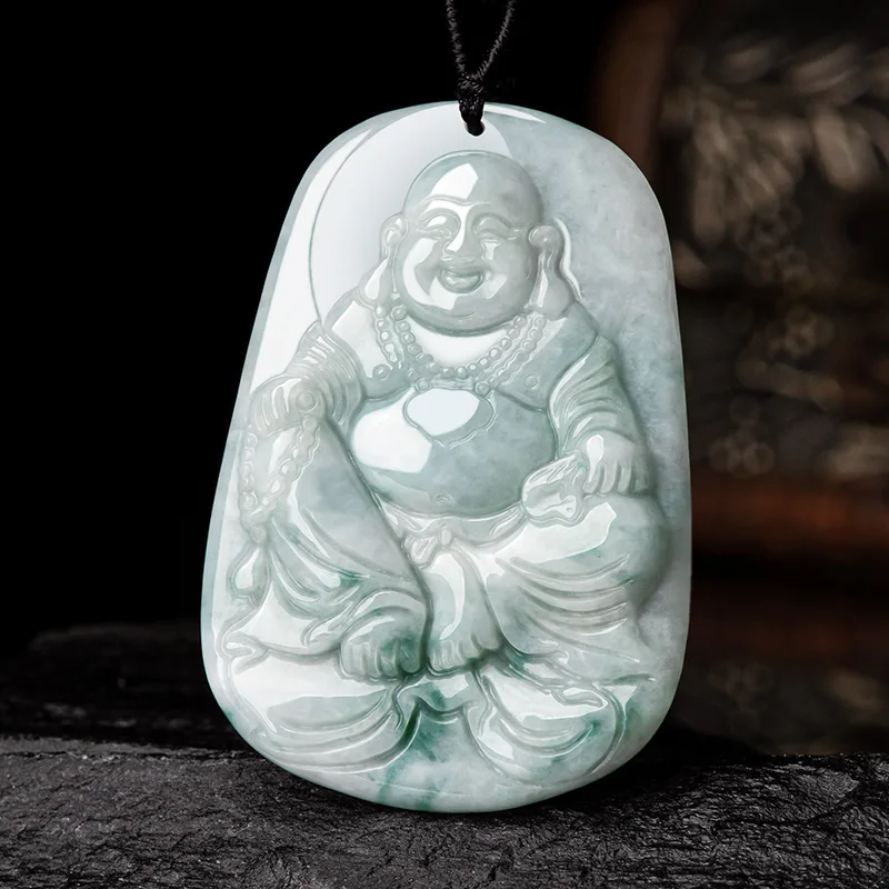 Natural Burma A-Jadeite Floating Flowers Always Smiling Maitreya Buddha Waxy Jade Pendants For Men Women Gifts Jewelry Drop Ship