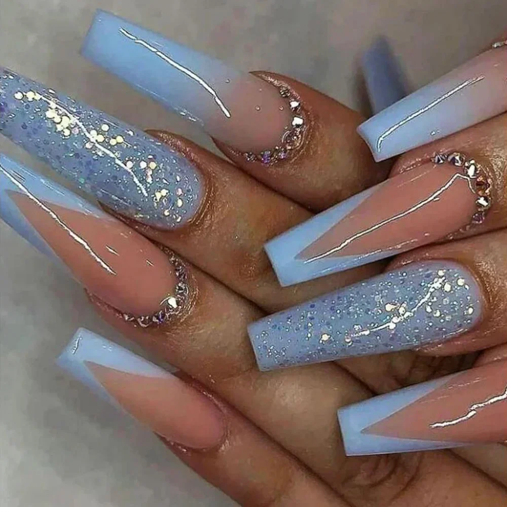 24 Stuks Lange Doodskist Druk op Nagel Herfst Winter Kunstnagels Glitter Diamond Stick op Nagels Franse Ombre Volledige dekking Ballet Nail Art