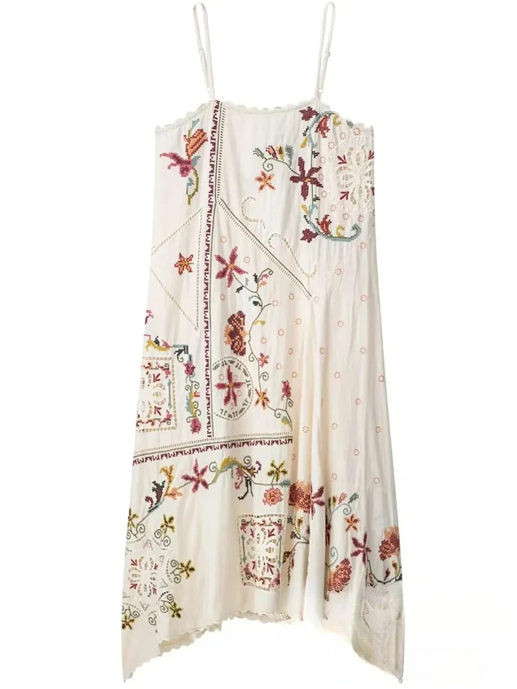 KONDALA Holiday Chic mujer bordado vestido camisola suelto sin mangas vestido recto largo moda 2025 Primavera Verano vestido de vacaciones