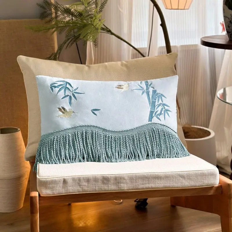 Oriental Aesthetics Blue Bamboo Bird Embroidered Cushion Cover Luxury Accent Chair Sofa Lumbar Pillow Case 30x50cm