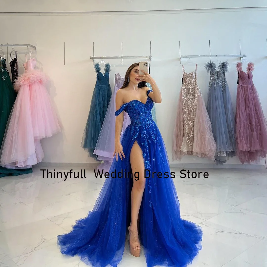 Thinyfull Tulle Evening Dresses Sweetheart Off Shoulder Prom Dress A-line Appliques Split Formal Occasion Gowns Robe De Soirée