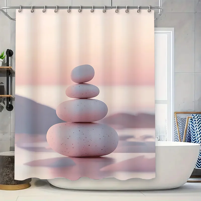 Rideau de douche résistant à l'eau, décor de salle de bain Spa élégant avec pile de pierre paisible imprimée pour la relaxation, la tranquillité, facile à nettoyer