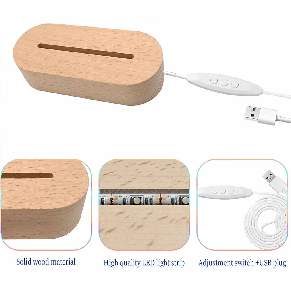 Base Led de madera de 4,5mm alimentada por USB, luces que cambian de 3 colores para lámparas de noche de plexiglás acrílico, regalos de vacaciones para niños