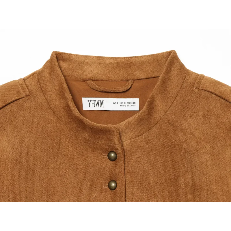 2026 Neue Damen Kunstwildleder Kurze Jacke Einreihig Langarm Epauletten Tasche Schmal Geschnitten Unregelmäßiger Saum Vintage Militärstil – Detail 8