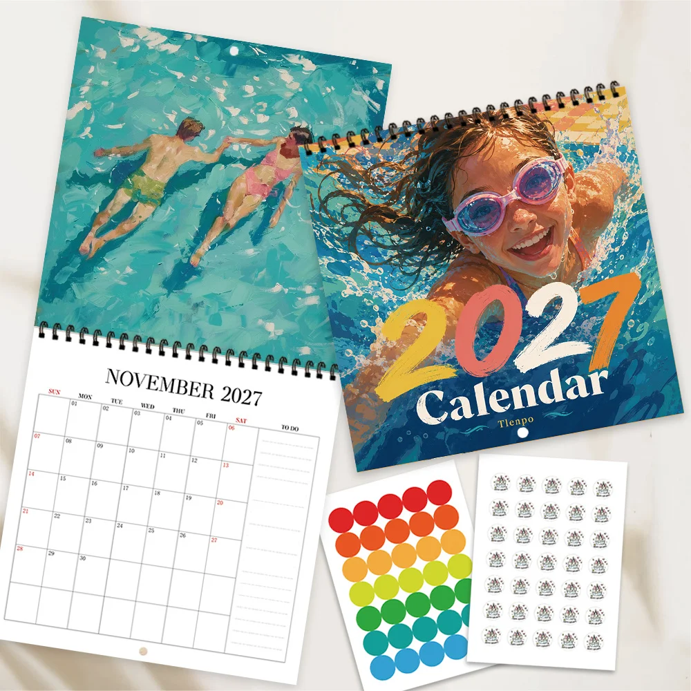 1pc 2027 Summer Swimming Wall Calendar,12‑Month Planner,Gift For Back‑to‑School,Christmas,New Year,Free Stickers Included