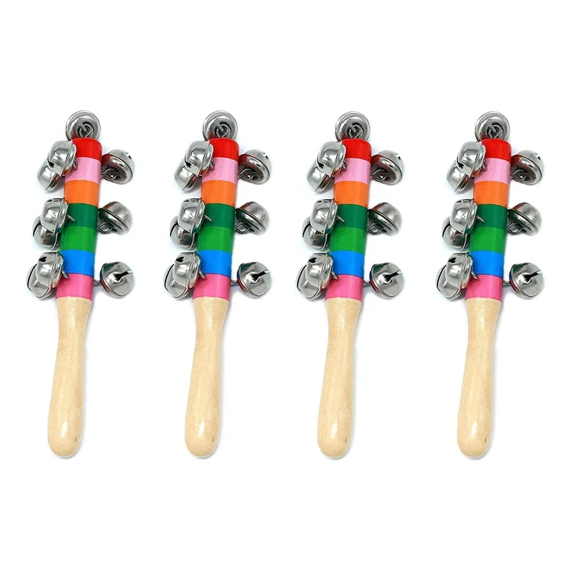 4 Pcs Hand Jingle Bells, Rainbow Handle Wooden Bells Jingle Stick Shaker Rattle Baby Kids Children