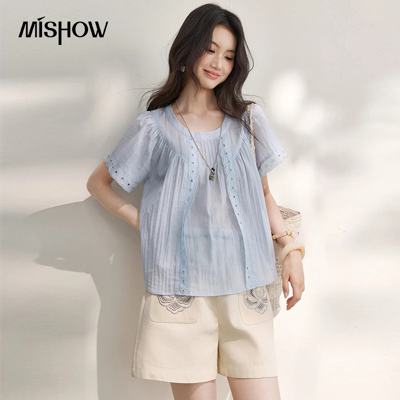 

MISHOW Loose Lightweight Hollow Lace Blouse For Women 2026 Summer New Solid Color Puff Sleeves Pleated Commuting Top MXF27X2701