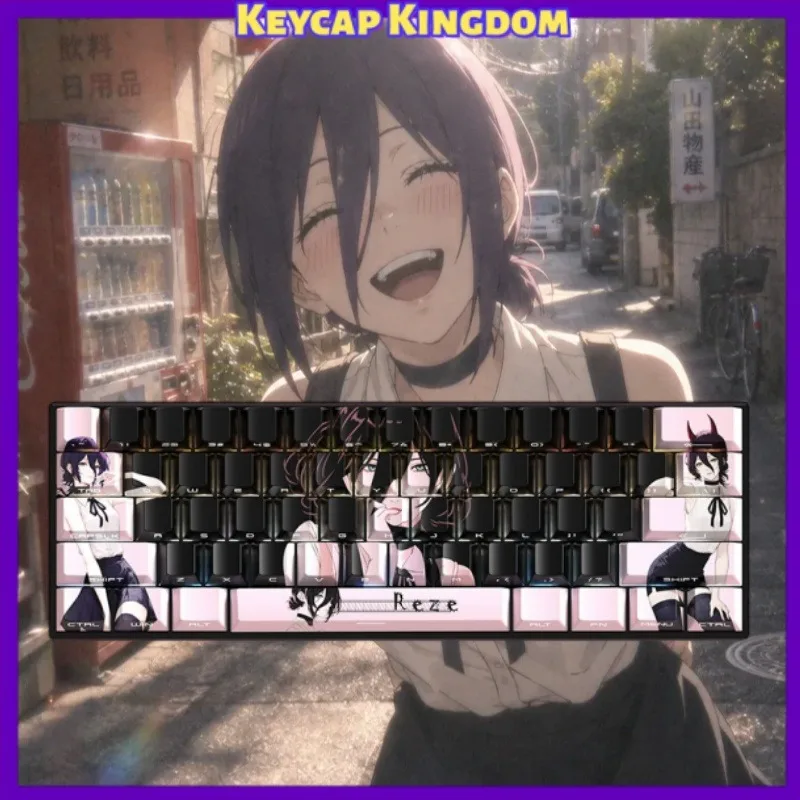 Chainsaw Man Reze Pink Cherry Profile PBT Keycaps Side Print Shine Through 5-side Dye-Sub MX Gaming Keyboard Custom Keycap Set