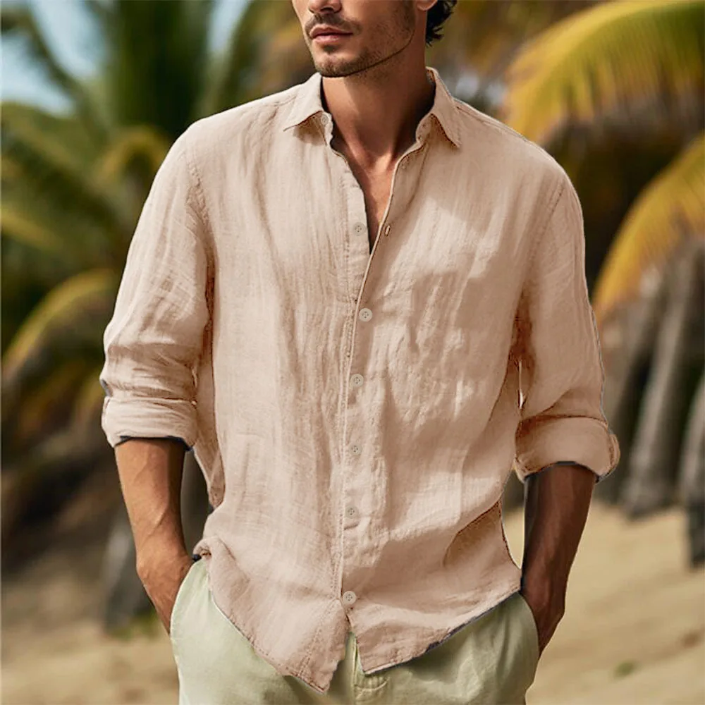 Camicie da uomo in cotone e lino Colletto rovesciato Camicia hawaiana solida Camicia bianca leggera e traspirante Casual Streetwear di grandi dimensioni