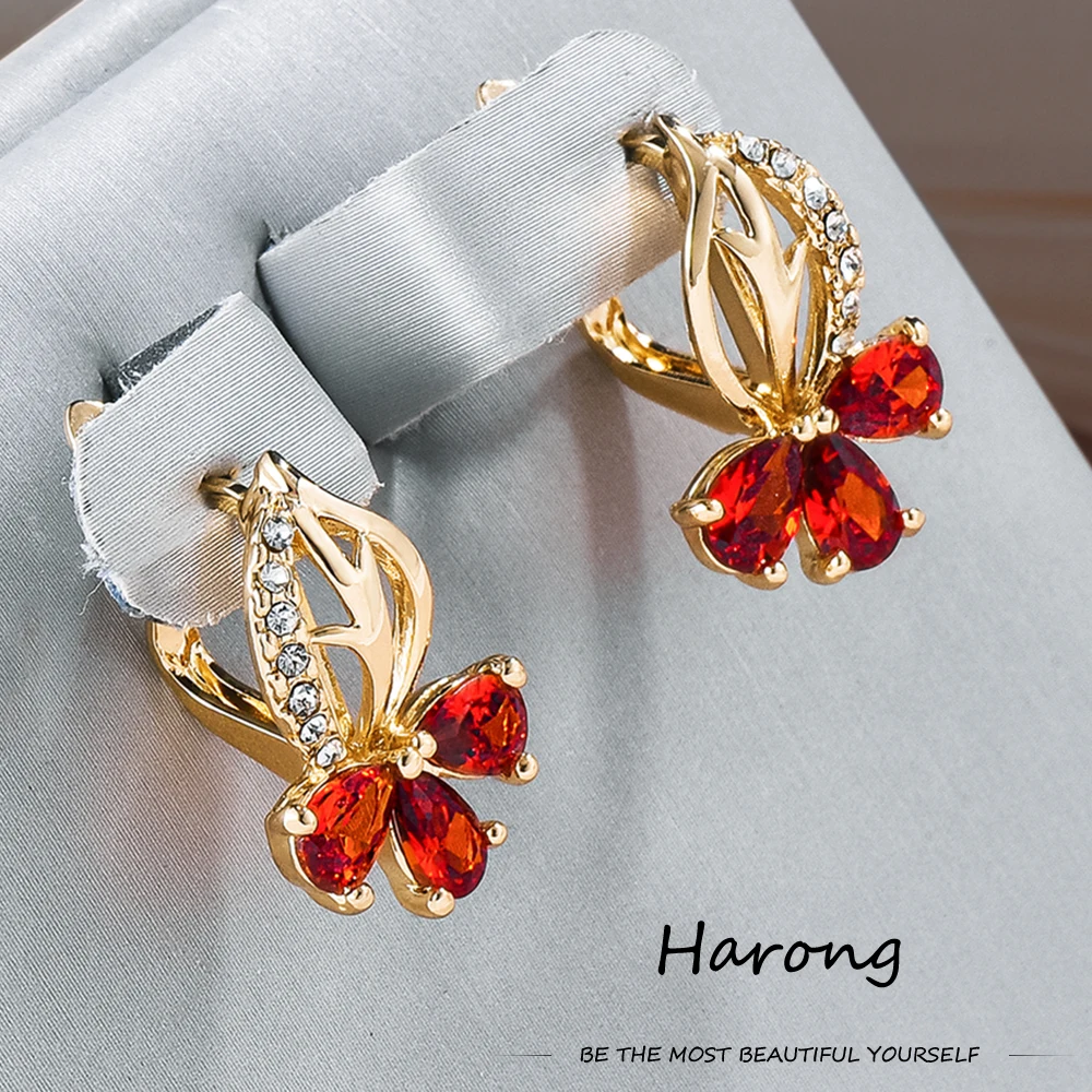 Harong Classic Zircon Earrings Luxury Noble Red Crystal Stud Earrings Jewelry for Women Girls Wedding Birthday Gifts