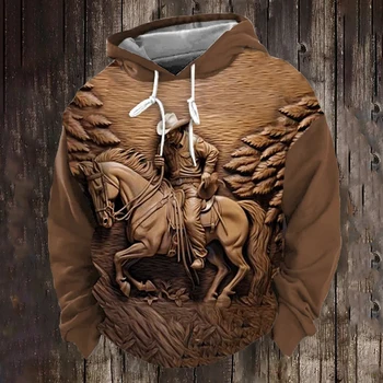 Sweat-shirt à capuche imprimé en Denim 3D pour hommes, rétro occidental, décontracté, surdimensionné, ample, haut à la mode, vêtements de sport de rue