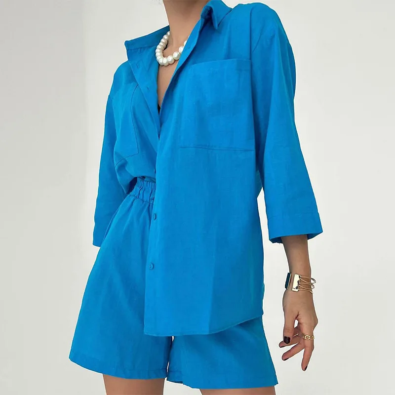 Greenora Boho Floral Cotton Linen Two Piece Set Women's 3/4 Sleeve Shirt and Elastic Waist Shorts Casual Elegant Outfit Ready St